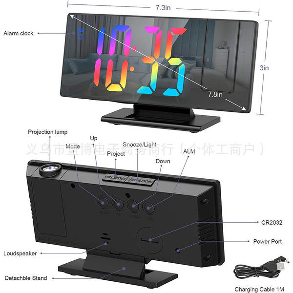 Relógio de projeção de LED Relógio digital multifuncional Relógio eletrônico de iluminação automática de noite Relógio eletrônico com mirrorboard USB