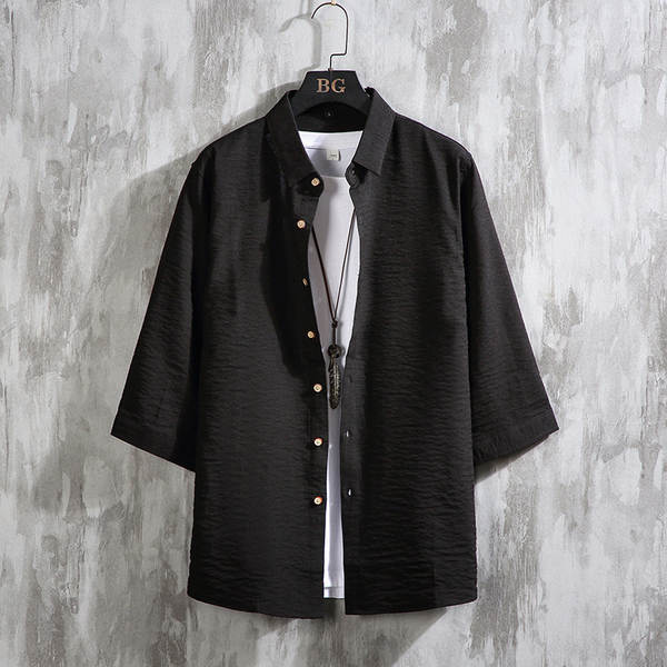 2024 primavera-verão novo modelo masculino de algodão de 7 mangas camisa jovem relaxado aumento de tamanho simples camisa de mangas curtas puro