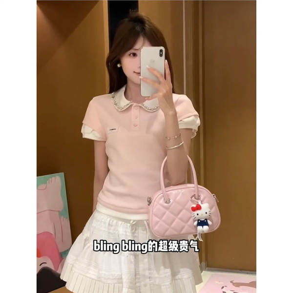 T-Shirt de menina rosa com duas mangas curtas de verão com sensação superior bonita exclusiva Miu T-Shirt de boneca