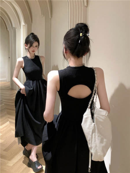 2026 novo modelo francês vintage chic colar calcanhar vestido de calçado sem mangas design sensação de costas vazio vestido feminino