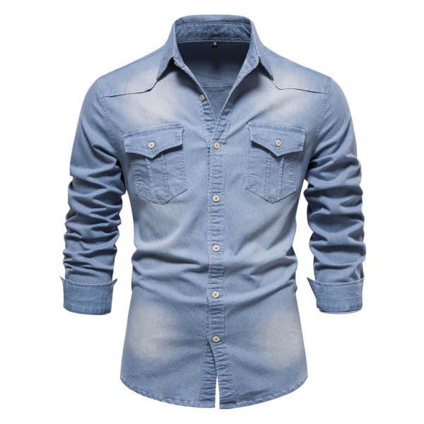 2024 Comércio Exterior Transfronteiriço Homem União Européia Cowboy T-Shirt Homem Modelo Recreativo Puro Homem Denim T-Shirt Com Mãos Longas