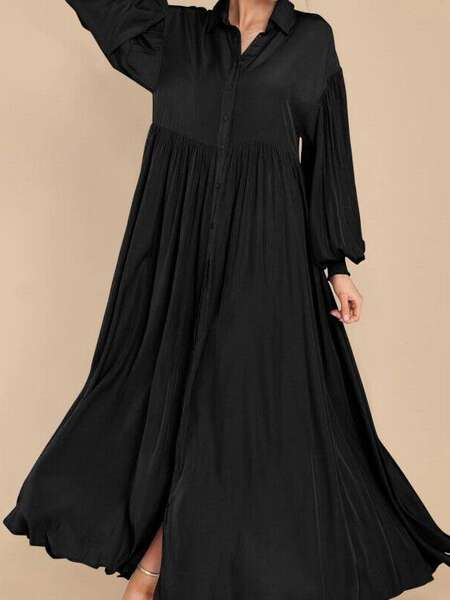Transfronteiriço 2026 novo modelo de venda rápida feminino de lazer puro botão vestido com mangas longas roupas super longas