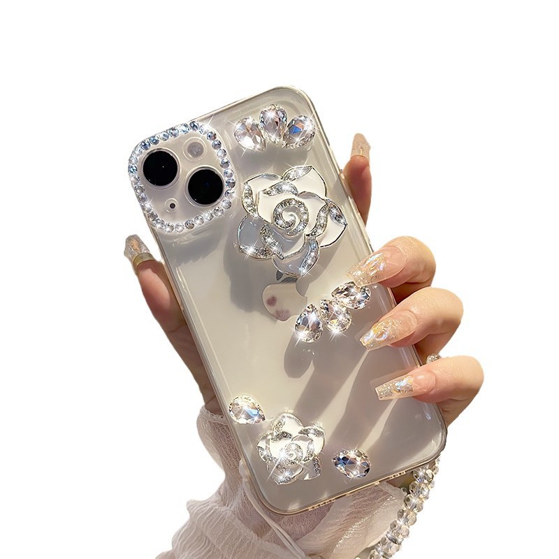 Aplicável à Apple 17promax telemóvel casca de água de luxo diamante flor de chá criativo iPhone16 novo conjunto transparente 15