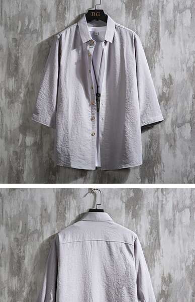 2024 primavera-verão novo modelo masculino de algodão de 7 mangas camisa jovem relaxado aumento de tamanho simples camisa de mangas curtas puro