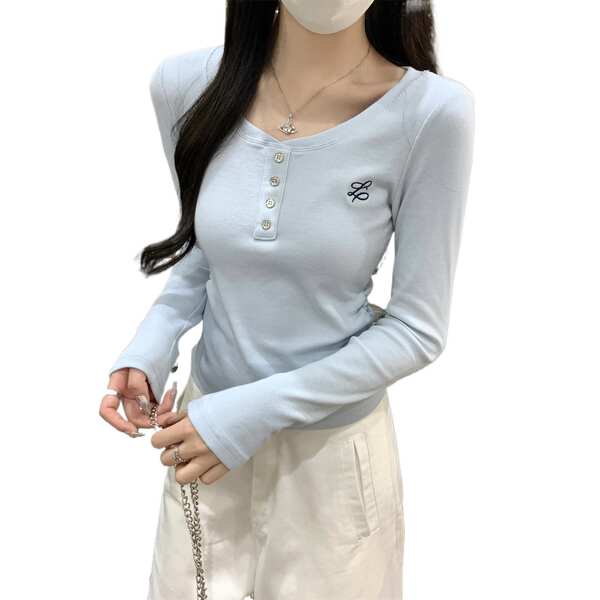 T-Shirt azul brilhante e suave 2025 Primavera T-Shirt com mangas compridas