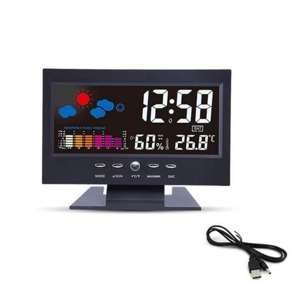 8082T Relógio eletrônico de alarme meteorológico Relógio de previsão meteorológica de LED colorido criativo Relógio de alarme de temperatura e umidade
