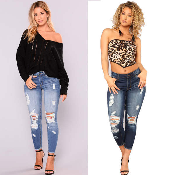 Verão Amazon dinheiro atacado de alta pontuação nove buracos buracos roupas femininas pernas apertadas pênalti jeans de moda