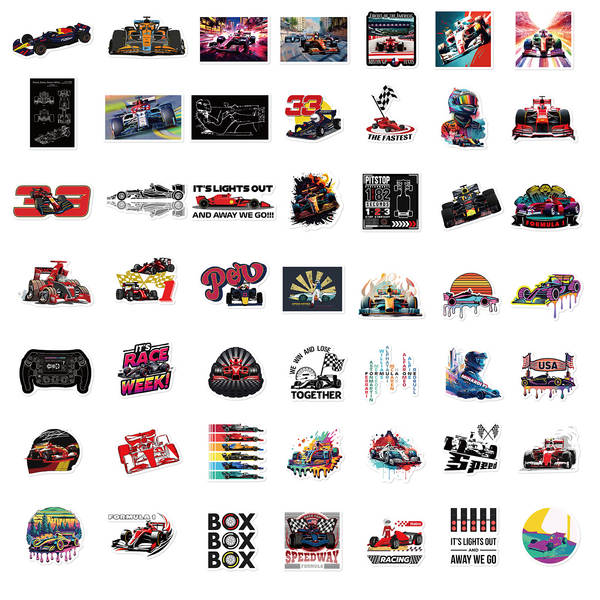 50 fichas / pacote de etiquetas de corrida de F1 de nível 1 incrível criativo DIY Clipbook iPad computador decoração adesivo