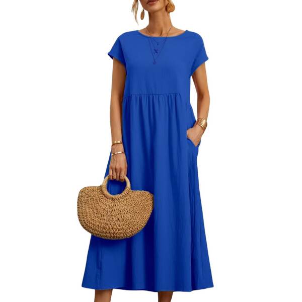 Vestido curto de manga com bolsos