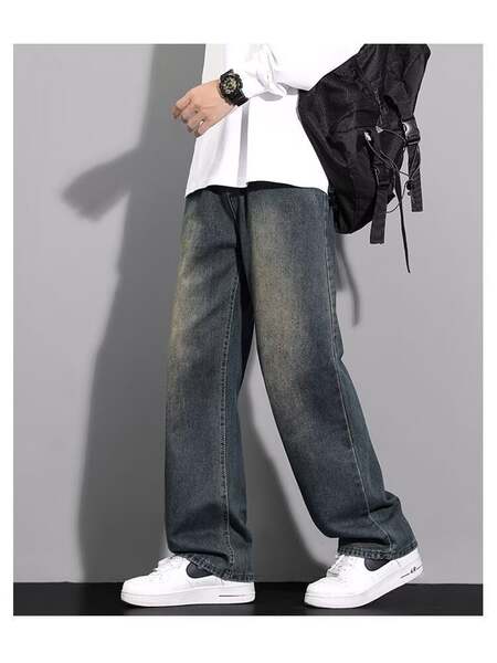 Americano vintage fazer jeans velhos homens relaxante calças retas de pernas largas calças adolescentes tendência high street casual calças longas