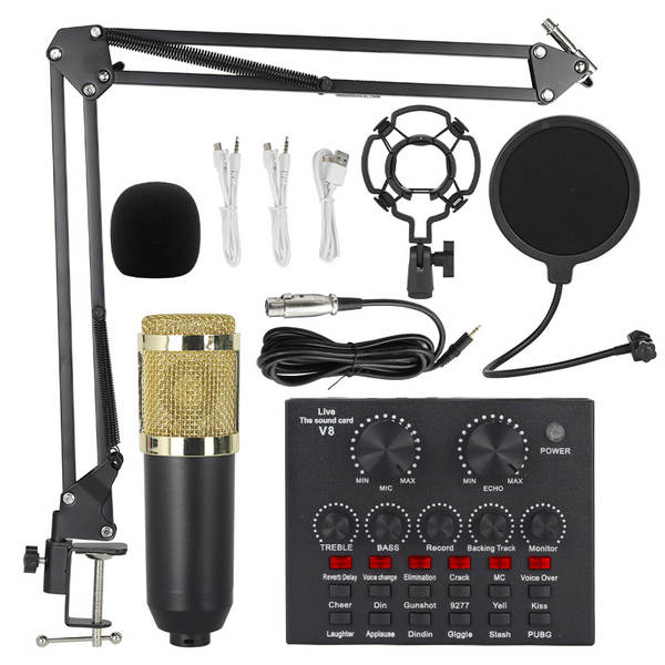 Transfronteiriço V8 Inglês de transmissão ao vivo da placa de som bm800 microfone bater de braço do telefone celular kit de cartão de voz podcast completo
