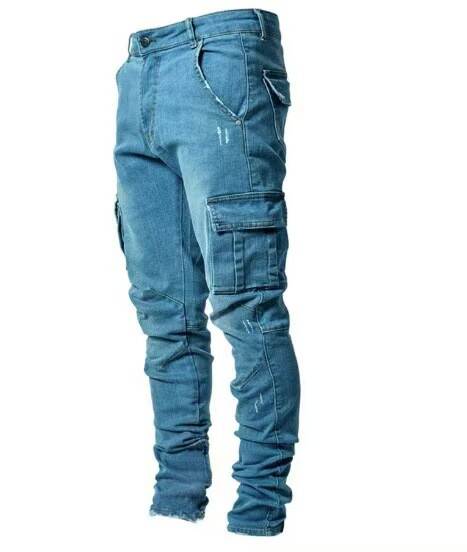 2021 Euro-americano transfronteiriço novo jeans masculino bolso lateral de pernas estreitas jeans NK388