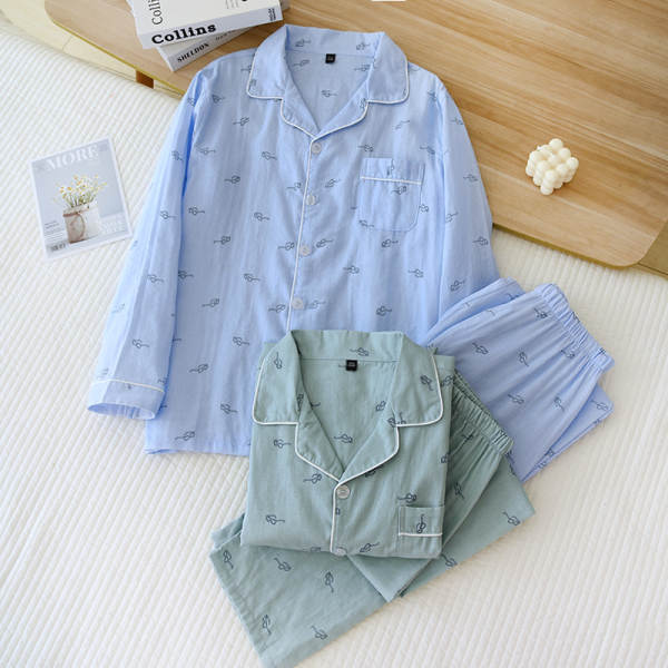 Primavera Verão Pure Cotton Double Layer Vestido Homem Roupa de dormir Longas Mãos Longas Calças Recreação Vestido Doméstico Kit Aumentar Código