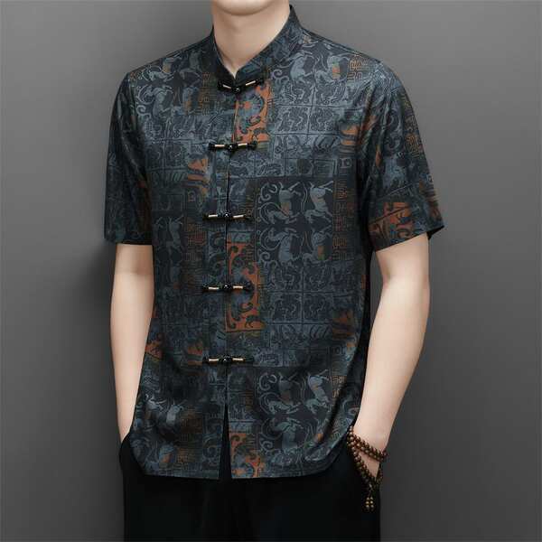 2026 verão velho homem chinês pai vestido de chinês velho de mãos curtas homem vestido de estilo nacional camisa masculina