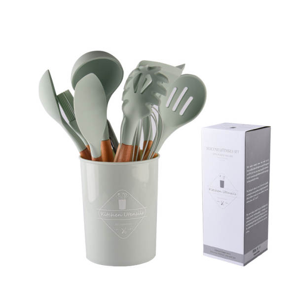 Conjunto de 12 Utensílios de Silício com Cabos de Madeira