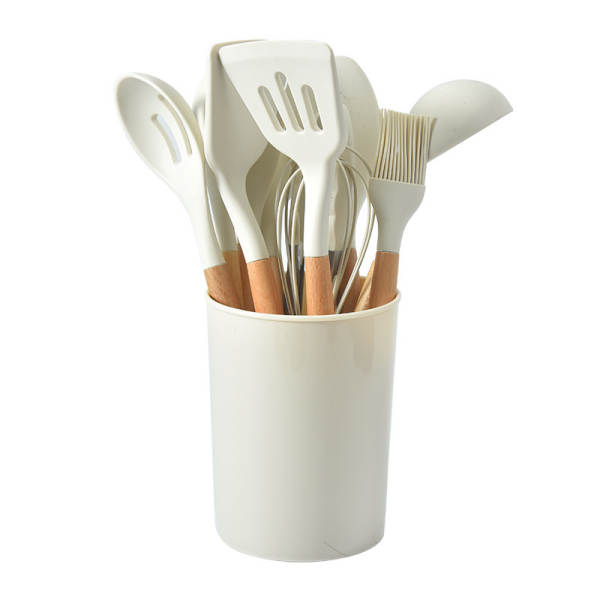Conjunto de 12 Utensílios de Silício com Cabos de Madeira