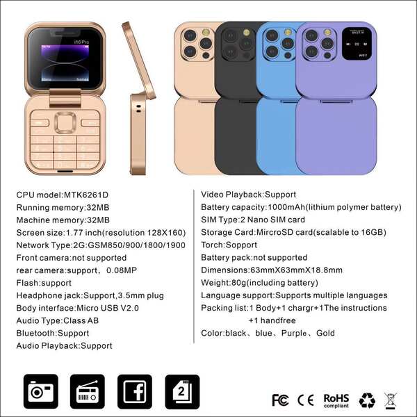 Novo celular transfronteiriço i16 pro duplo cartão para celular não-smartphone duplo celular Bluetooth fold pequeno celular