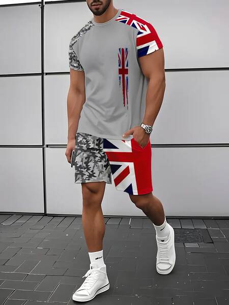 Homens Verão Novo Modelo Europeu-Americano Graduado 2 Peças Com 3D Impressão Digital Esporte Recreação Roda Redonda T-Shirt