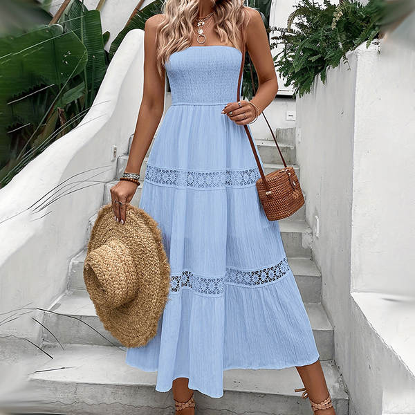 Vestido longo de renda com babados