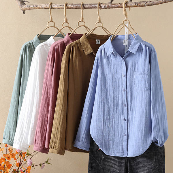 Venda direta do fabricante Camisa feminina de algodão puro de duas camadas Camisa feminina de algodão integral de primavera outono