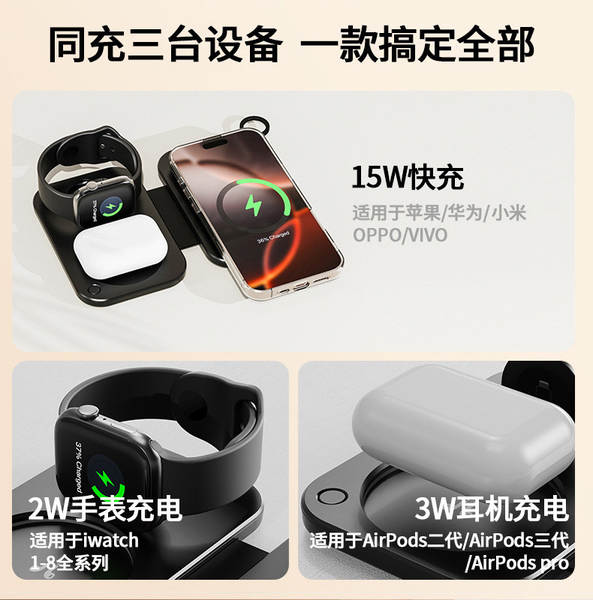 Novo carregador sem fio magnético de 15W tri-in-one para a fábrica de fones de ouvido do relógio do telemóvel da Apple