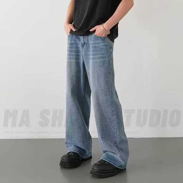 Venda direta de jeans americanos vintage para homens lavagem de água relaxante para homens com as pernas largas