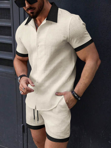 Transfronteiras 2025 Verão Novo Euro-Americano Homens Praia de lazer T-Shirt de pulseira curta + Suíte de calças