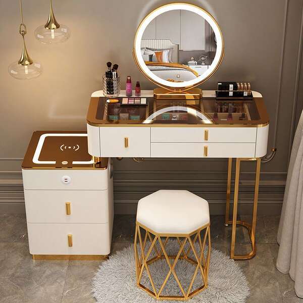 Piso de maquiagem inteligente com carregamento sem fio de luxo da mesa de maquiagem de quarto nórdica moderna simples e multifuncional de madeira
