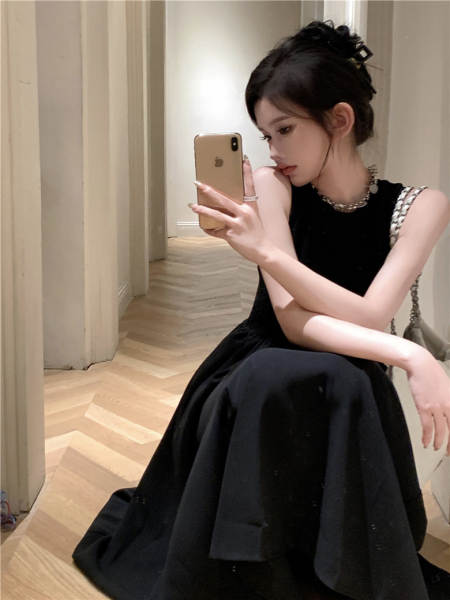 2026 novo modelo francês vintage chic colar calcanhar vestido de calçado sem mangas design sensação de costas vazio vestido feminino