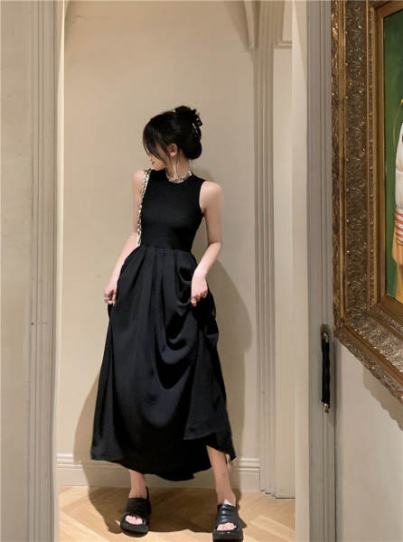2026 novo modelo francês vintage chic colar calcanhar vestido de calçado sem mangas design sensação de costas vazio vestido feminino