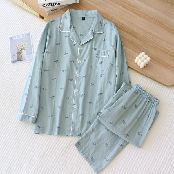 Primavera Verão Pure Cotton Double Layer Vestido Homem Roupa de dormir Longas Mãos Longas Calças Recreação Vestido Doméstico Kit Aumentar Código