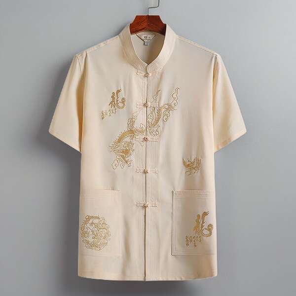 Camisa curta masculina de seda com dragão
