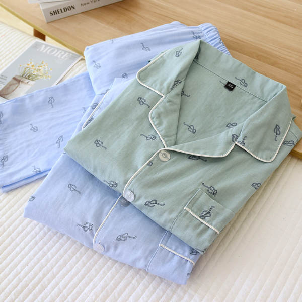 Primavera Verão Pure Cotton Double Layer Vestido Homem Roupa de dormir Longas Mãos Longas Calças Recreação Vestido Doméstico Kit Aumentar Código