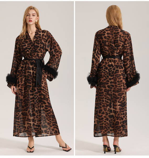 Roupa de dormir feminina de manga longa com estampa de leopardo