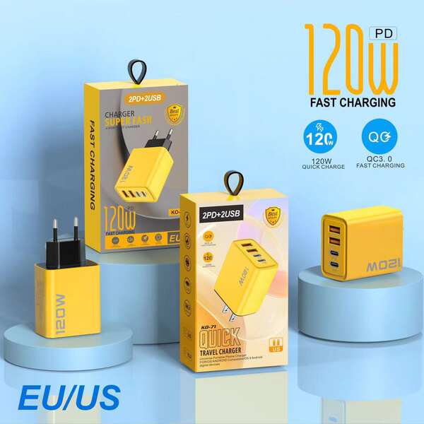 120W Dual PD + Dual USB Carregador para Apple 15 Huawei celular Dual-Typec Smart Carregador Rápido