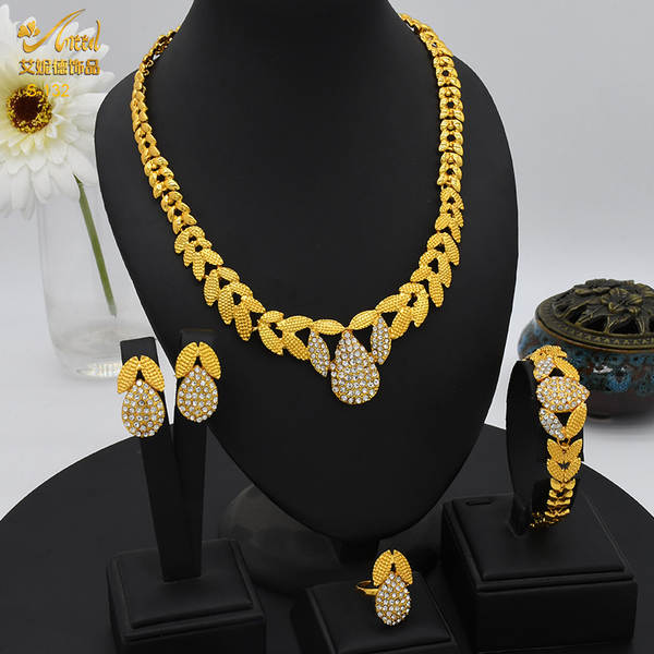 Jóias de Dubai 24k de ouro da noiva coleção de jóias colar colares orelhas do Oriente Médio Dubai ouro de casamento jóias quatro conjuntos