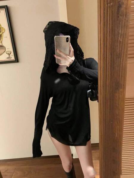 Shenzhen South Oil High-End Original Single MIU Casa 24 Inverno Novo T-Shirt com chapéu de mangas longas