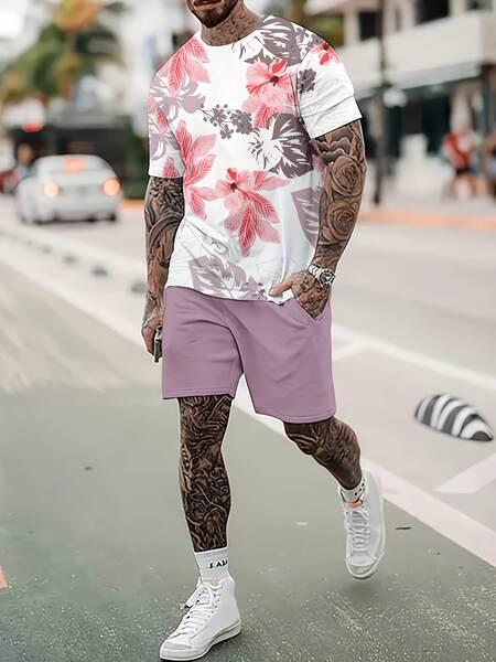 Homens Verão Novo Modelo Europeu-Americano Graduado 2 Peças Com 3D Impressão Digital Esporte Recreação Roda Redonda T-Shirt