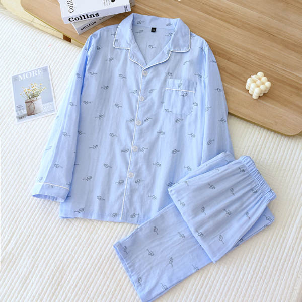 Primavera Verão Pure Cotton Double Layer Vestido Homem Roupa de dormir Longas Mãos Longas Calças Recreação Vestido Doméstico Kit Aumentar Código