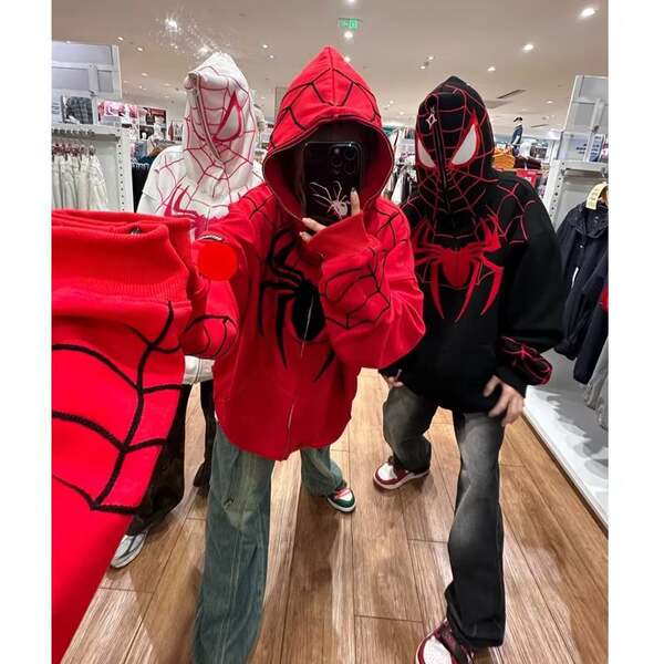 2024 Transfronteiriço Europa e América Peso pesado camisa de algodão masculino e feminino casal Homem-Aranha Vestido de guarda-roupa de tamanho superior casaco