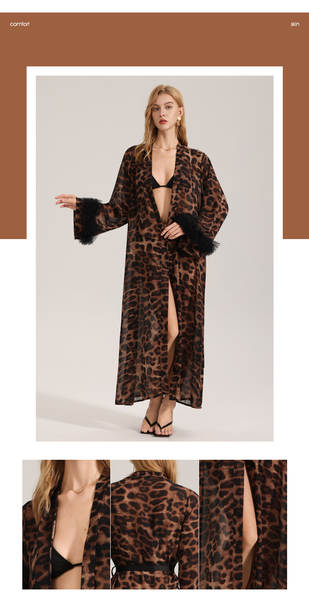 Roupa de dormir feminina de manga longa com estampa de leopardo