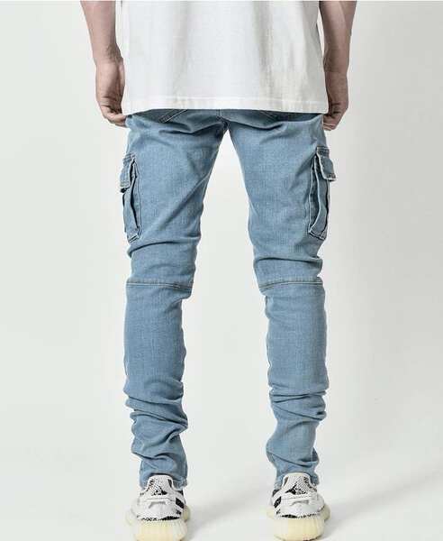 2021 Euro-americano transfronteiriço novo jeans masculino bolso lateral de pernas estreitas jeans NK388