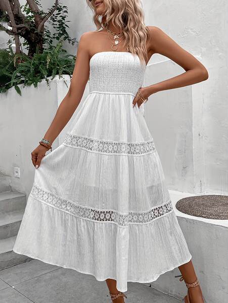 Vestido longo de renda com babados