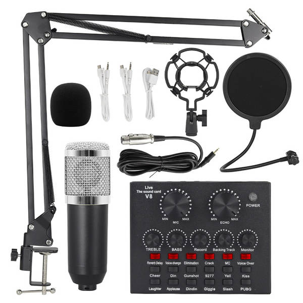 Transfronteiriço V8 Inglês de transmissão ao vivo da placa de som bm800 microfone bater de braço do telefone celular kit de cartão de voz podcast completo