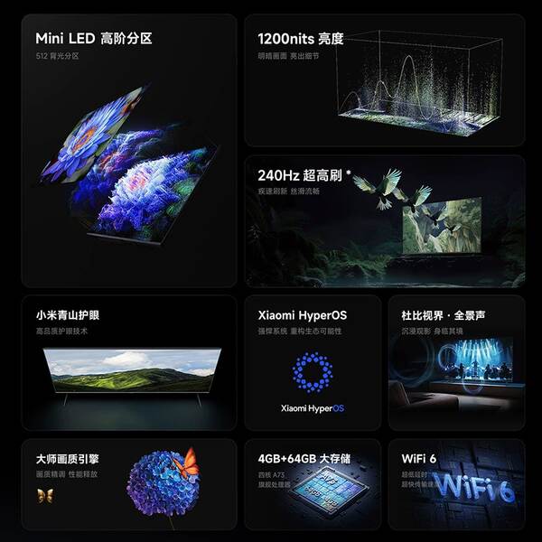 Televisão Xiaomi S 55/65/75/85 MiniLED Alta divisão 240Hz Ultra High Brush Televisão de economia de energia
