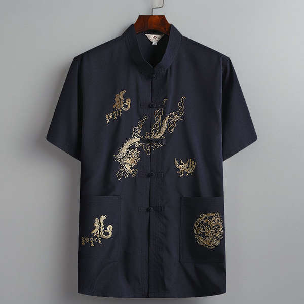 Camisa curta masculina de seda com dragão