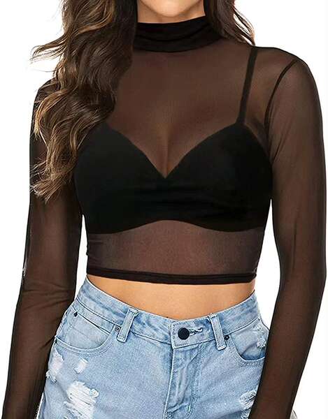 Camiseta feminina de malha transparente