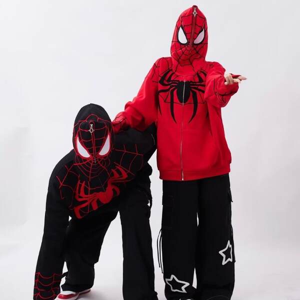 2024 Transfronteiriço Europa e América Peso pesado camisa de algodão masculino e feminino casal Homem-Aranha Vestido de guarda-roupa de tamanho superior casaco