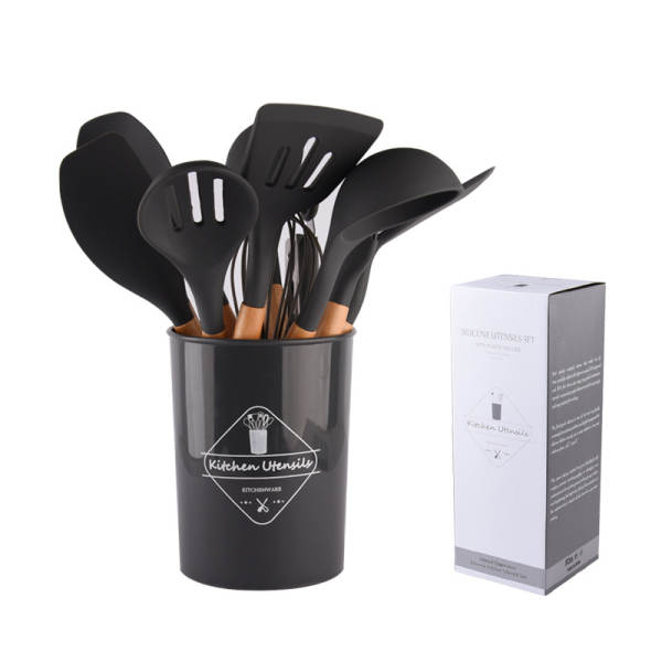Conjunto de 12 Utensílios de Silício com Cabos de Madeira