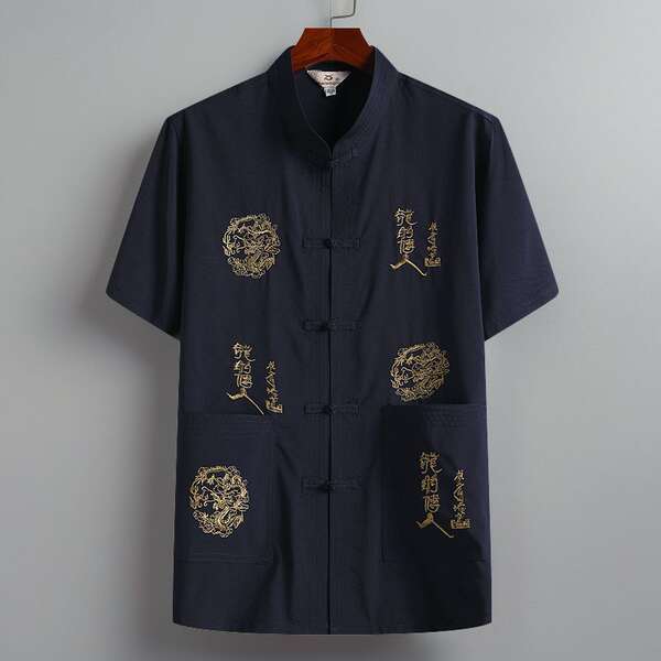 Camisa curta masculina de seda com dragão